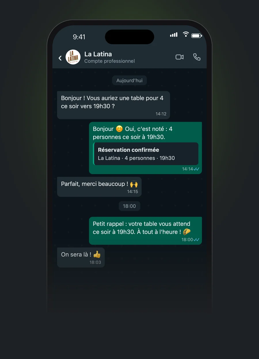 A WhatsApp conversation between a customer and La Latina: booking confirmed then reminder